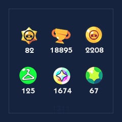 [1311] Brawlers x 82 | Skins x 125 | Trophies x 18895 | Bling x 1674 | Coins x 2208 | Gems x 67