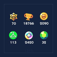[1315] Brawlers x 70 | Skins x 113 | Trophies x 18766 | Bling x 2420 | Coins x 2090 | Gems x 32