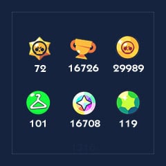 [1316] Brawlers x 72 | Skins x 101 | Trophies x 16726 | Bling x 16708 | Coins x 29989 | Gems x 119