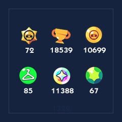 [1322] Brawlers x 72 | Skins x 85 | Trophies x 18539 | Bling x 11388 | Coins x 10699 | Gems x 67