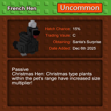 Grow a Garden French Hen Christmas Plant Size Multipliers