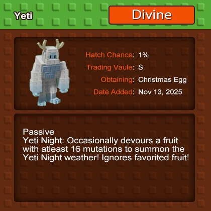 Grow a Garden Yeti: Yeti Night Weather, Mutation Cost