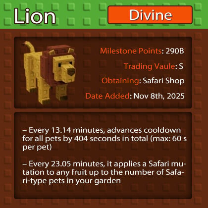 Buy Grow a Garden Lion, Cooldown Sharing & Safari Mutations
